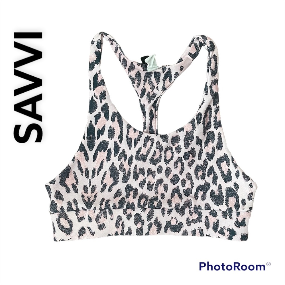 SAVVI Pink Leopard Print Sports Bra, Size Small